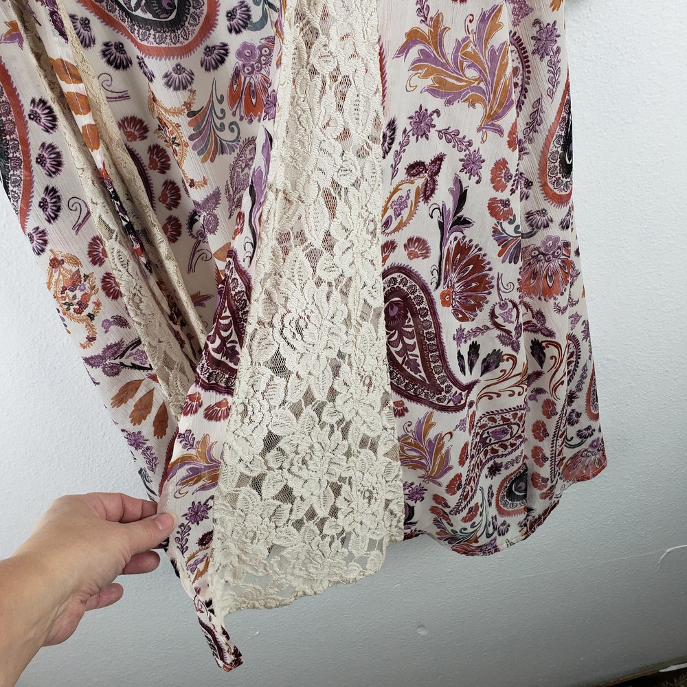 American Eagle Women's M Open Front Long Shawl Rust Gold Paisley Boho Lagenlook - Picture 6 of 8
